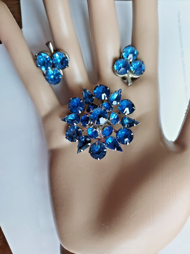 Vintage Coro  Signed Pin  Blue Rhinestone  Earrings and Brooch  Demi