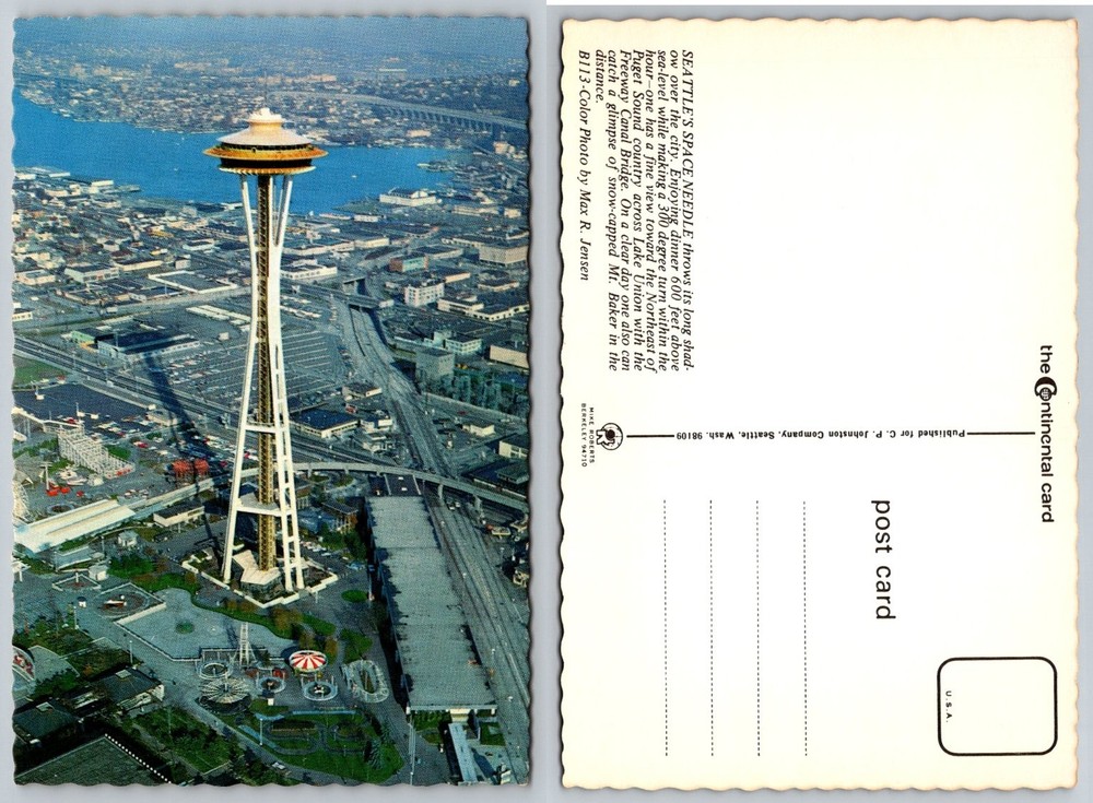 Seattle Space Needle Postcard Aerial View Lake Union Mt Baker Vintage Chrome