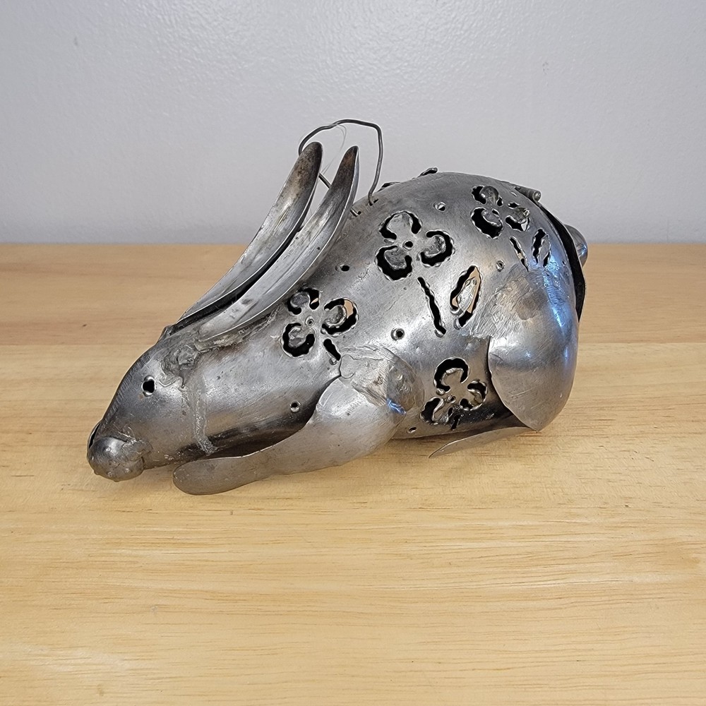 Lantern Metal Tin Folk Art Bunny Rabbit Candle Tealight Holder.