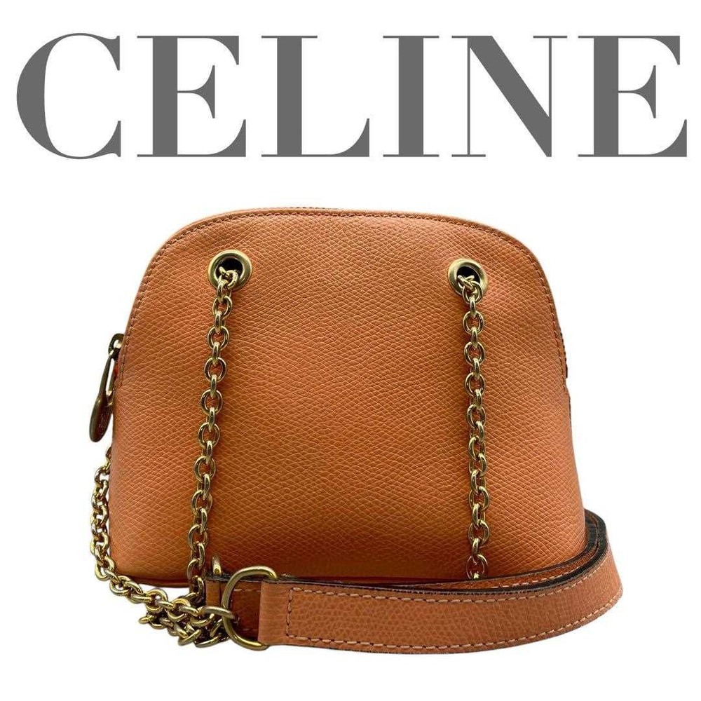 CELINE Mini Logo Leather Shoulder Bag in Orange Pre-Owned From Japan