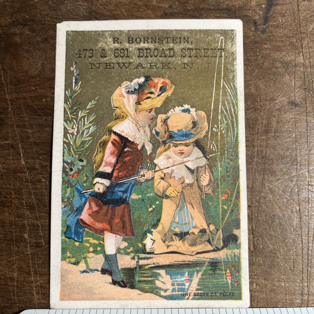 Antique Victorian Trading Card R. Bronstein Newark NJ Kids Fishing - B1