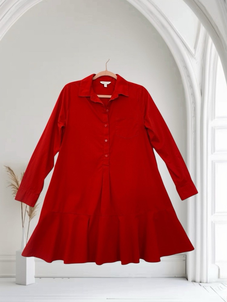 Crown & Ivy Women’s Long Sleeve Shirt Dress Size Small Ruffle Hem Holiday Red