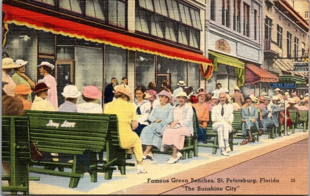 St. Petersburg FL Famous Green Benches Street Scene Linen Postcard