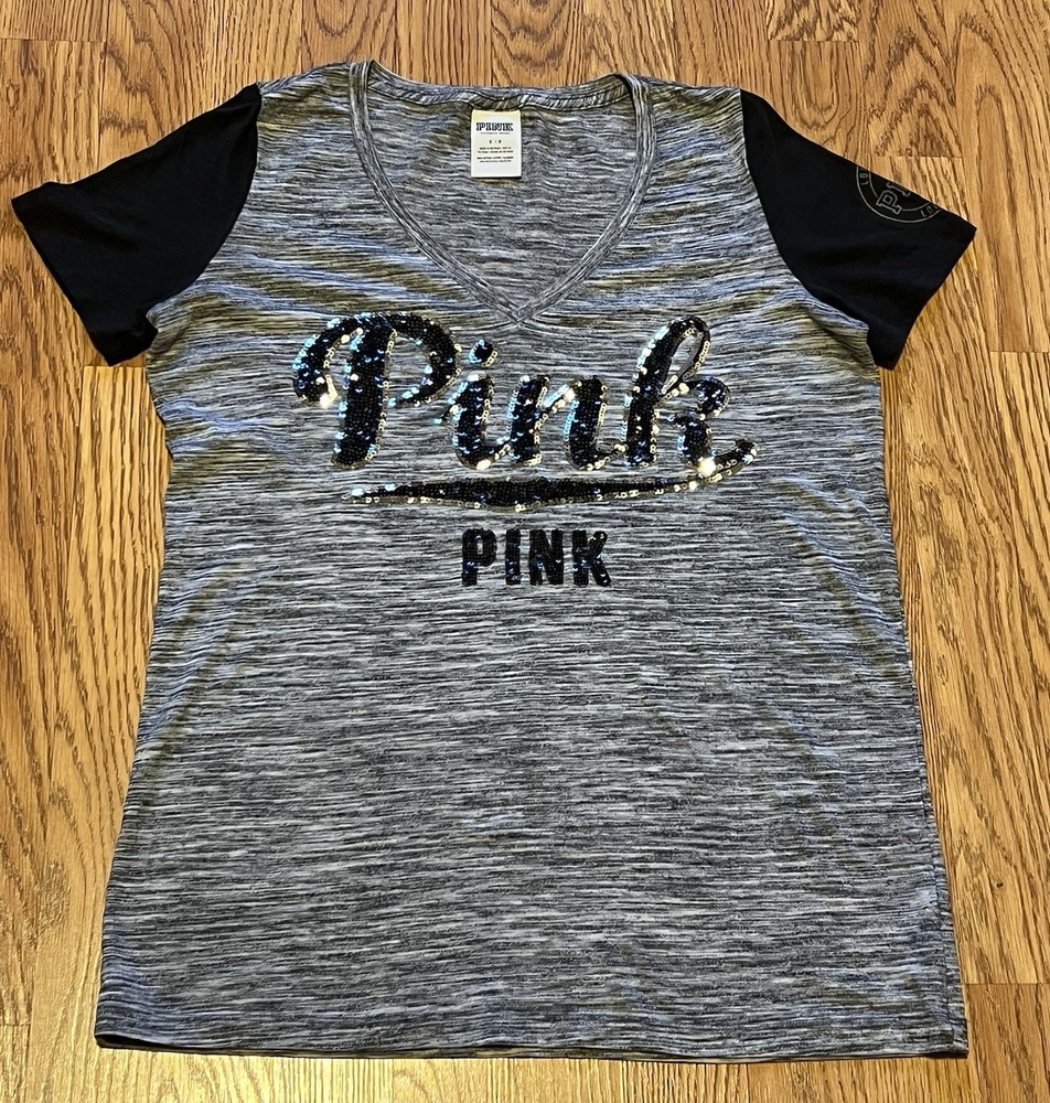 Victoria’s Secret PINK Sequin Bling Logo Short Sleeve T-Shirt Black/Gray Small