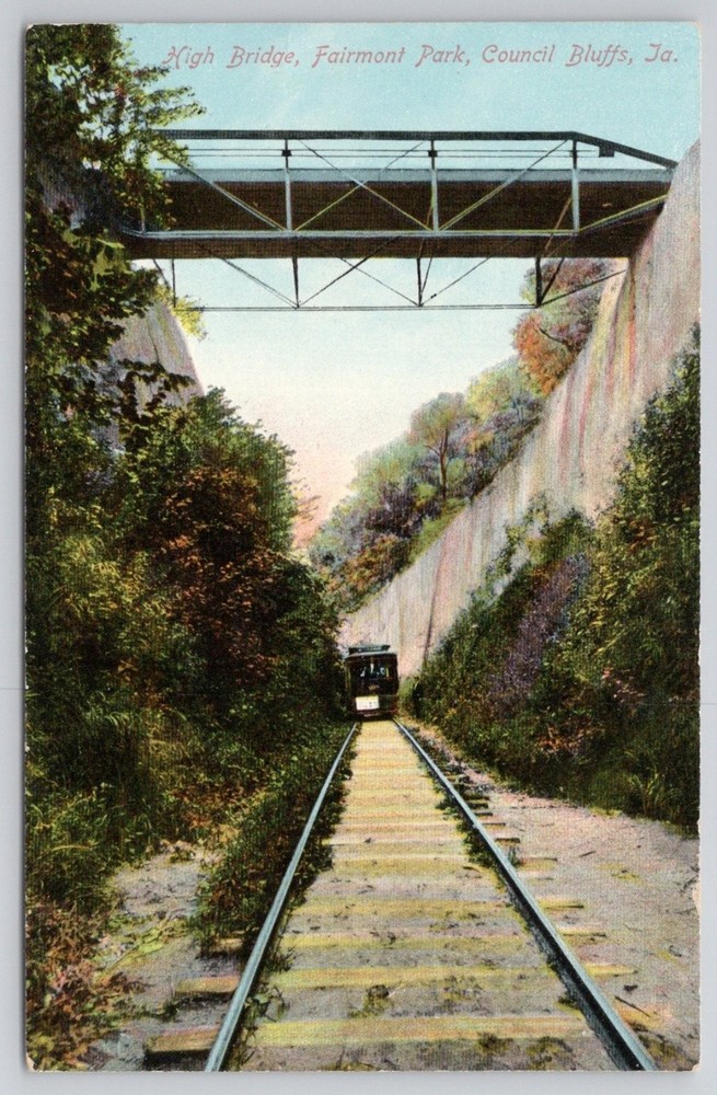High Bridge Fairmont Park Council Bluffs Iowa Train Mezzochrome Postcard