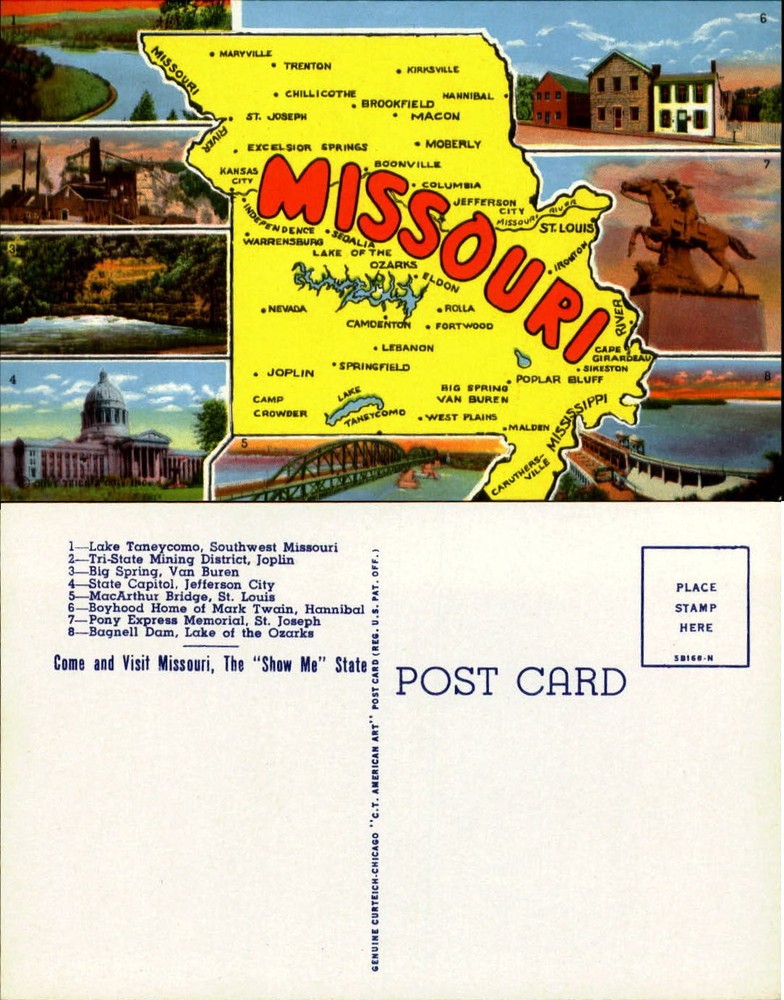 Missouri map postcard multi-view 8 views chrome unused