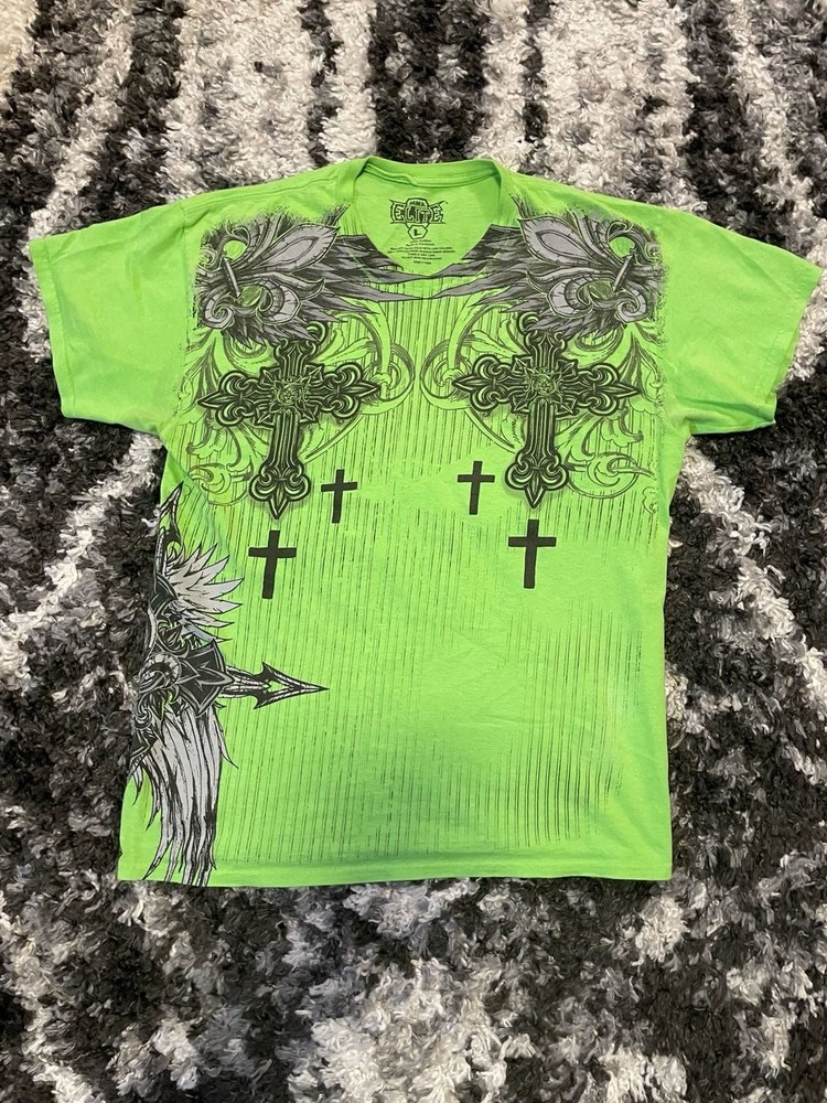 Vintage MMA Elite Neon Green Graphic T-Shirt Y2K Cross Design Size Large