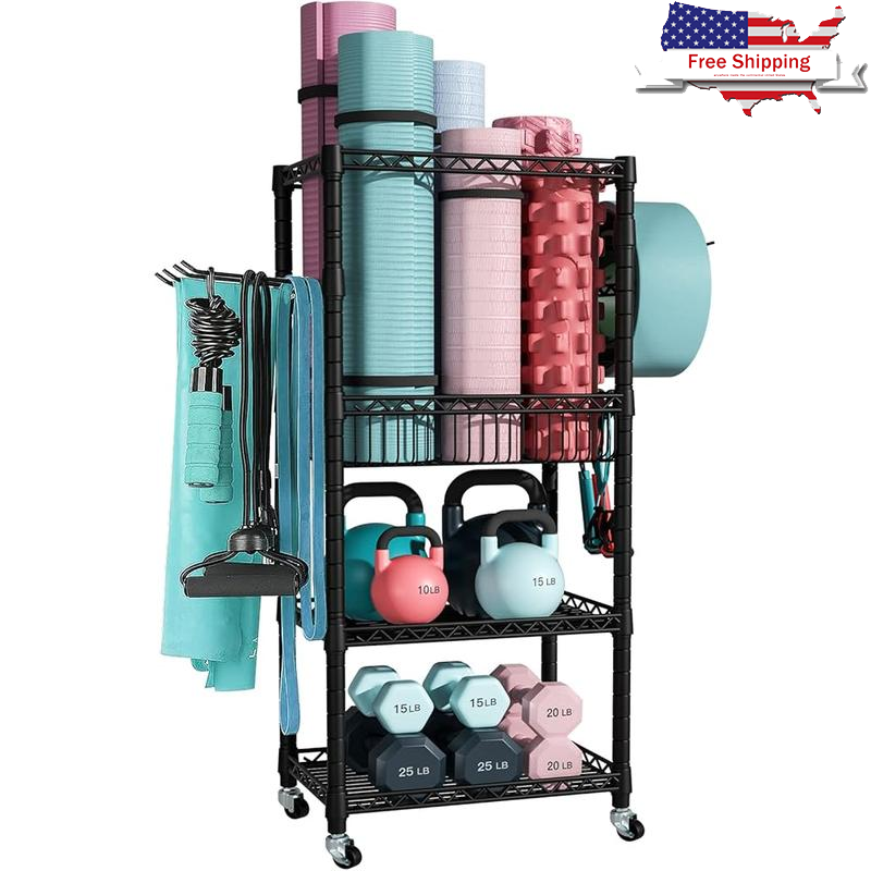 Home Gym Storage, 3-Tier Workout Equipment Organizer with Wheels for Yoga Mats