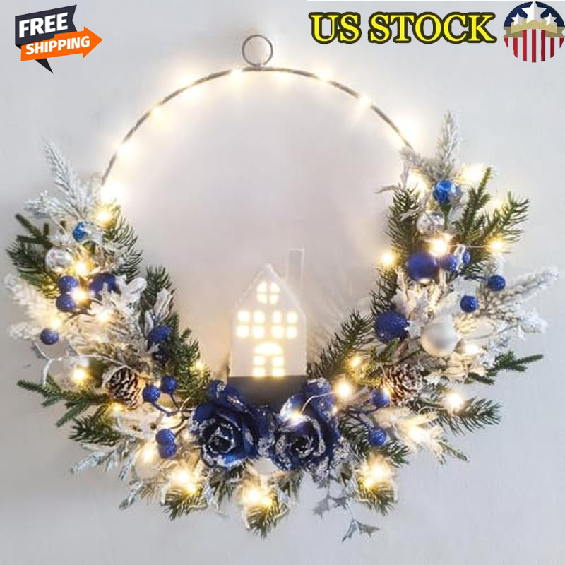 Prelit Christmas Wreath W/ Lighted House Winter Decor Front Door Accent New-image