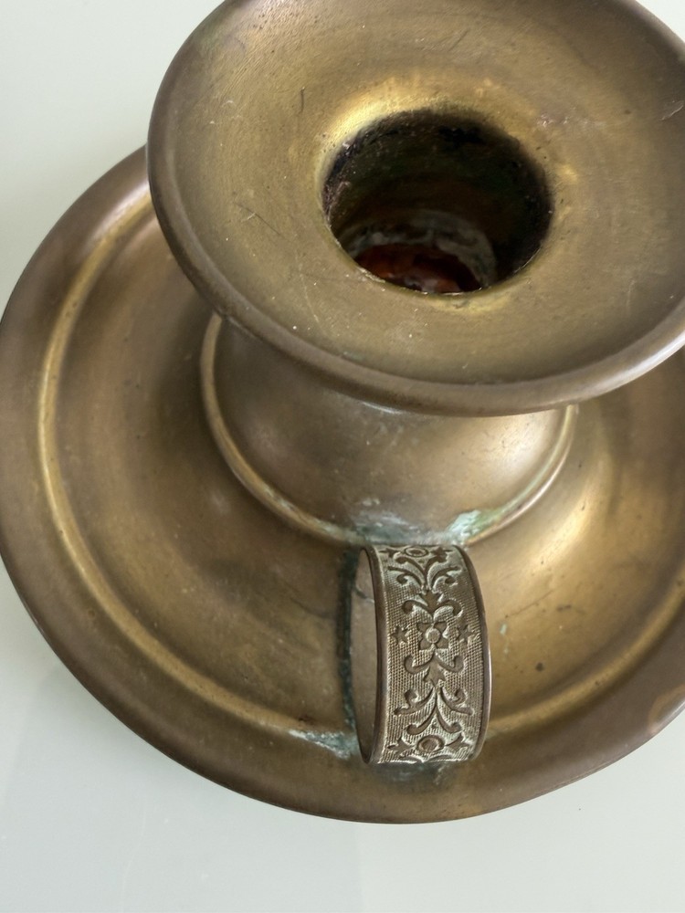✿ Vintage Solid Brass Candle Holders Pair Ornate Handle Heavy Patina Decor