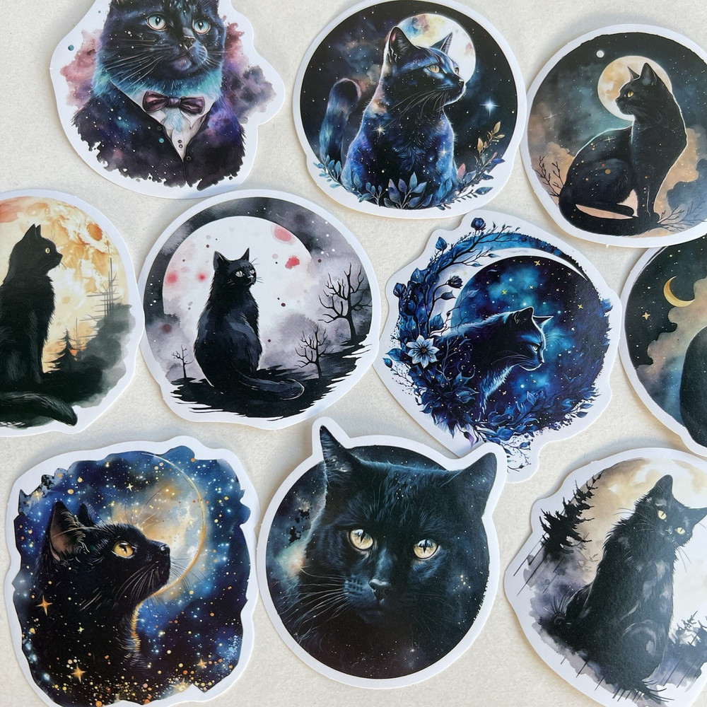 Black Moonlight Cat Stickers Halloween Junk Journal Collage Scrapbooking