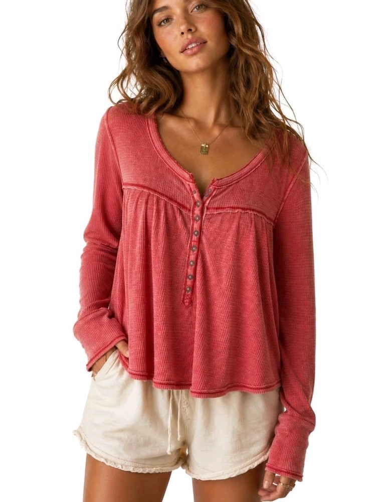 We The Free Womens M Pink Waffle Thermal Henley Long Sleeve Top