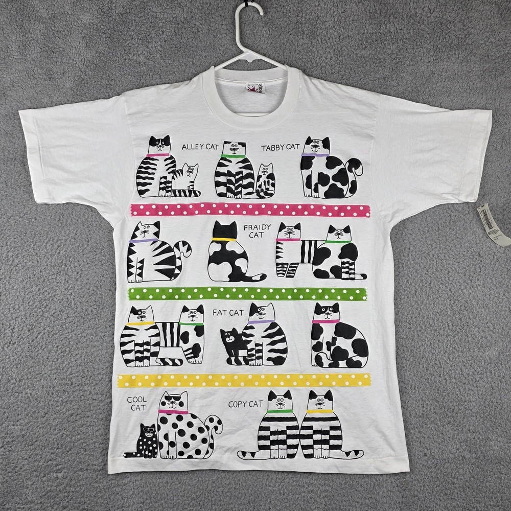 Vintage Cat Shirt Mens Large Womens 2XL White Single Stitch AOP Graphic T USA