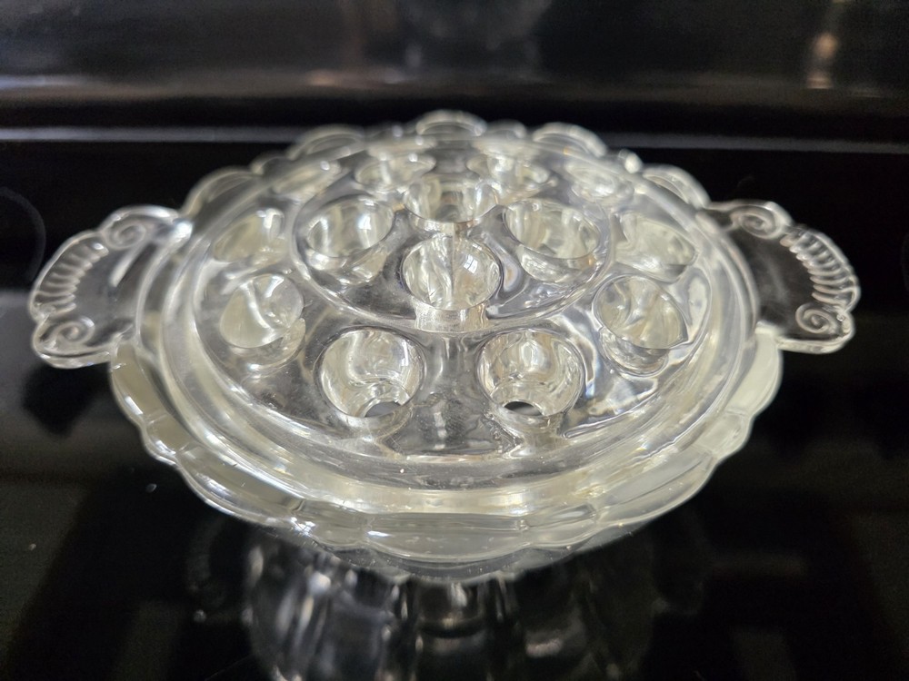 Vintage Clear Depression Glass Handled Bowl Vase & Glass Floral Frog 16 Hole EUC