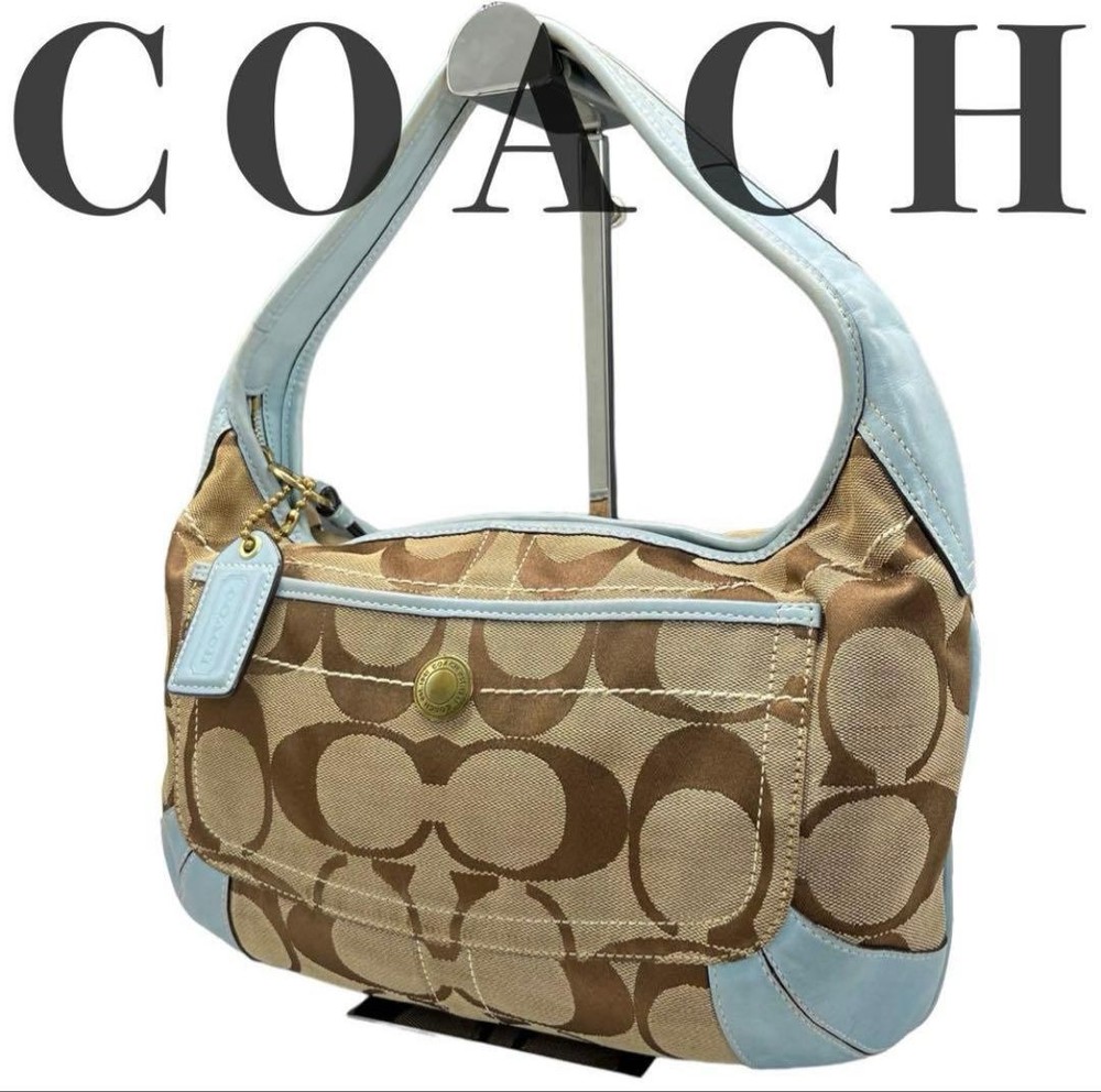 COACH Signature Shoulder Bag Canvas Blue Rare Color