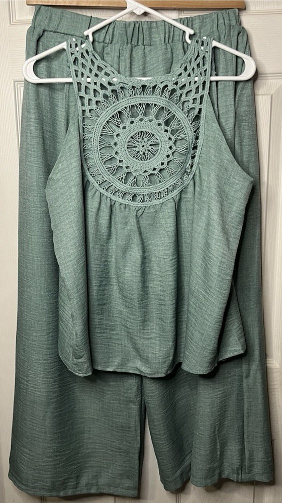 NEW Women's CHAIN 2-Piece Set Sleeveless Baggy Top Wide Leg Pants Green Size XL