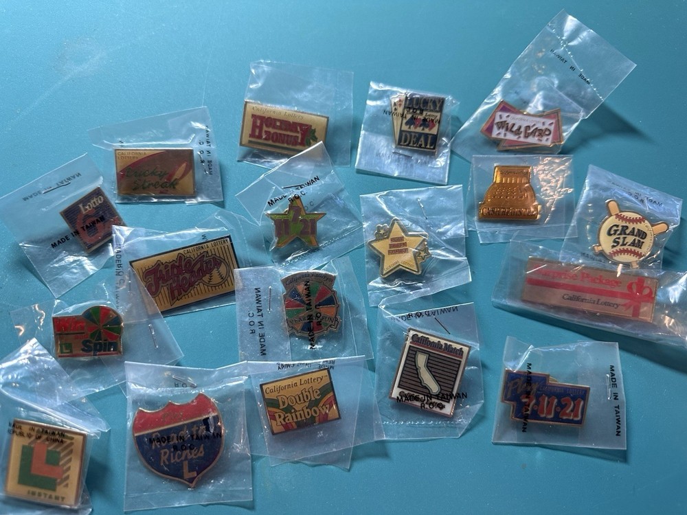 California Lottery Collectible Advertising Pins Lot of 18 Multicolor Original