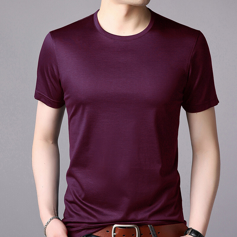 Mens Mulberry Silk Short-Sleeved M-3XLSummer Round Neck Solid Color Casual Top