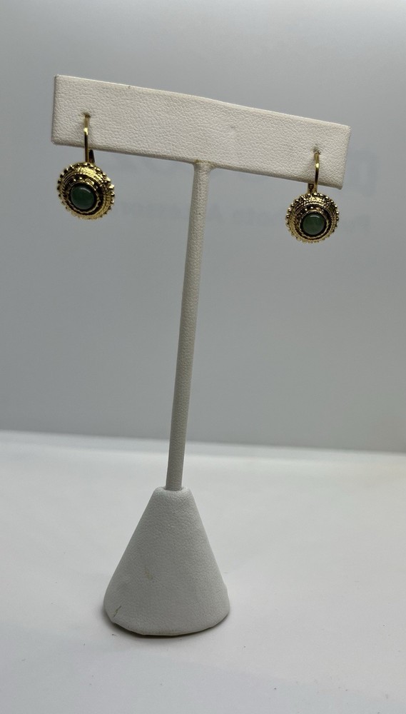 Vintage Dainty Goldtone Estruscan Style Faux Jade Button Lever Back Earrings