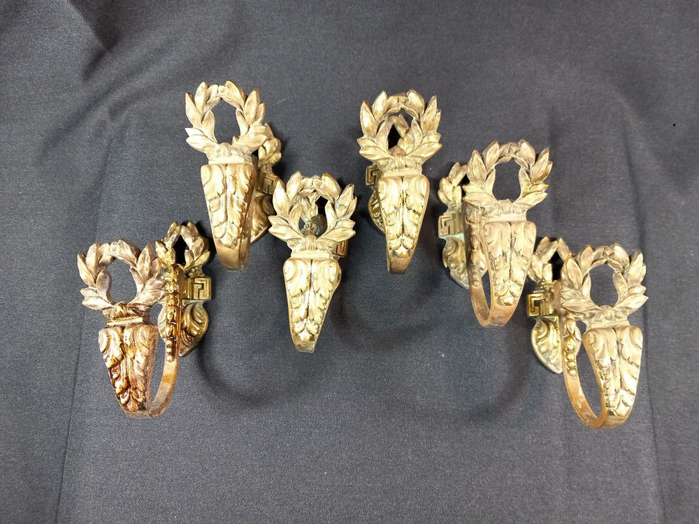Triple Pair Six 6 Curtain Tiebacks XIXth Gilded Bronze St Louis XVI Window