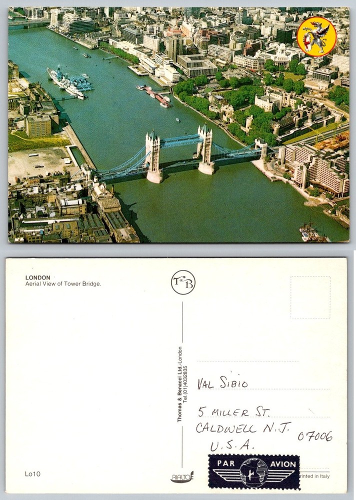 London Aerial View Tower Bridge River Thames Vintage Postcard UK Thomas &