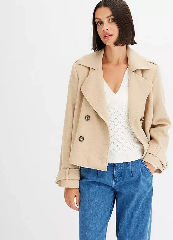 Freemans Plus Size UK 18 Beige Double Breasted Pea Coat ccc507