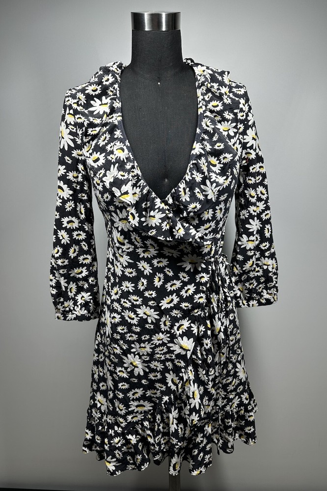 Rixo London Abigail Floral Print Silk Black White Mini Wrap Dress Size XS