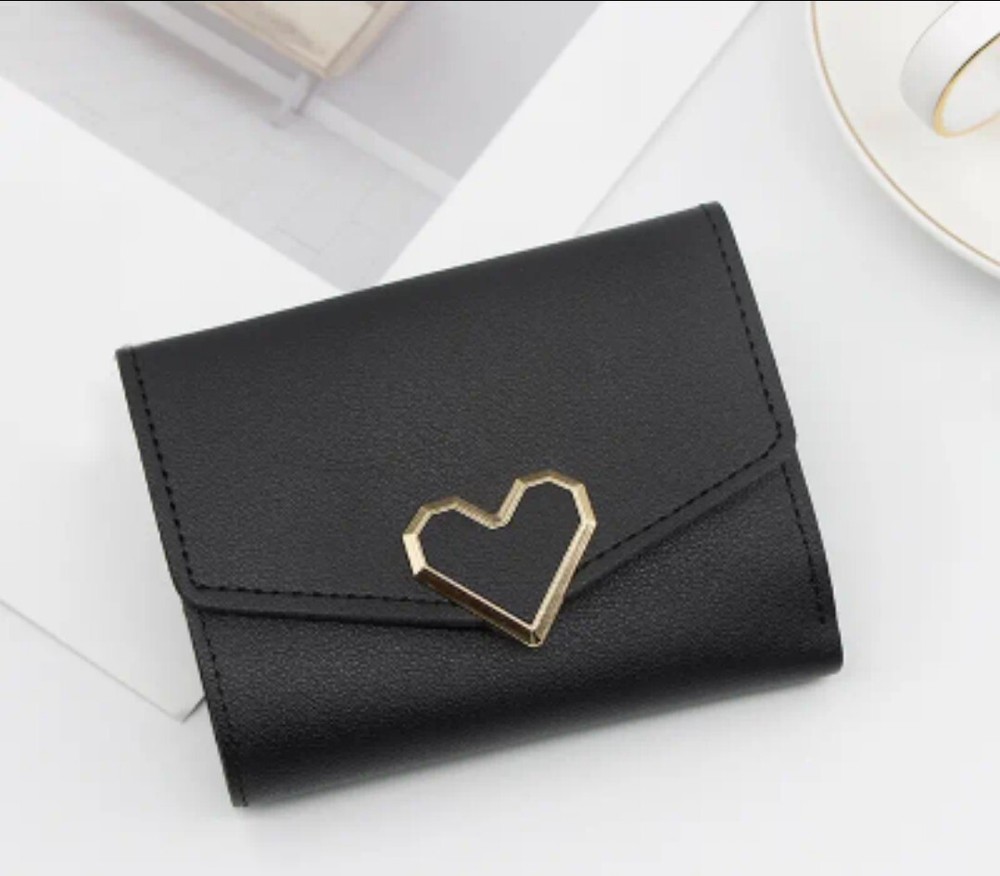 Purse Wallet Black Faux Leather Casual Trifold Coin Purse Heart Accent