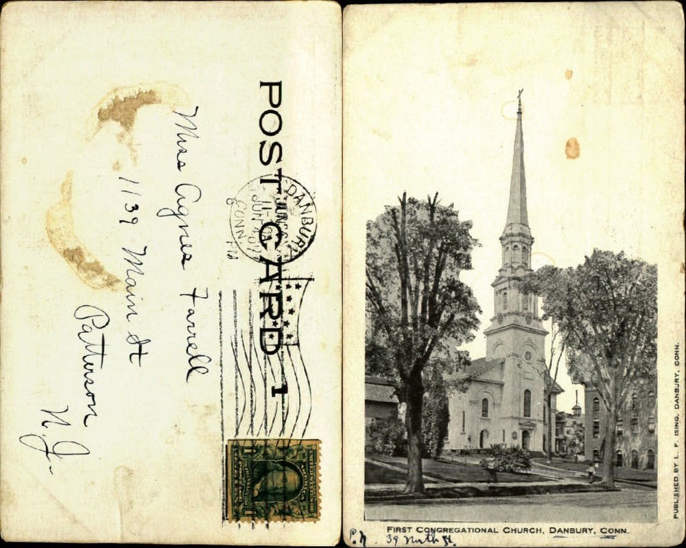 First Congregational Church Danbury Connecticut steeple UDB flag cancel 1907