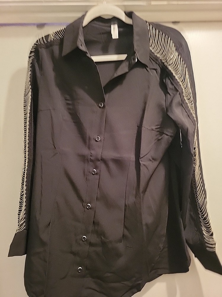 Pebby Forevee Button Down Black Shirt With Bead Fringe On Sleeves NIB Size S/M