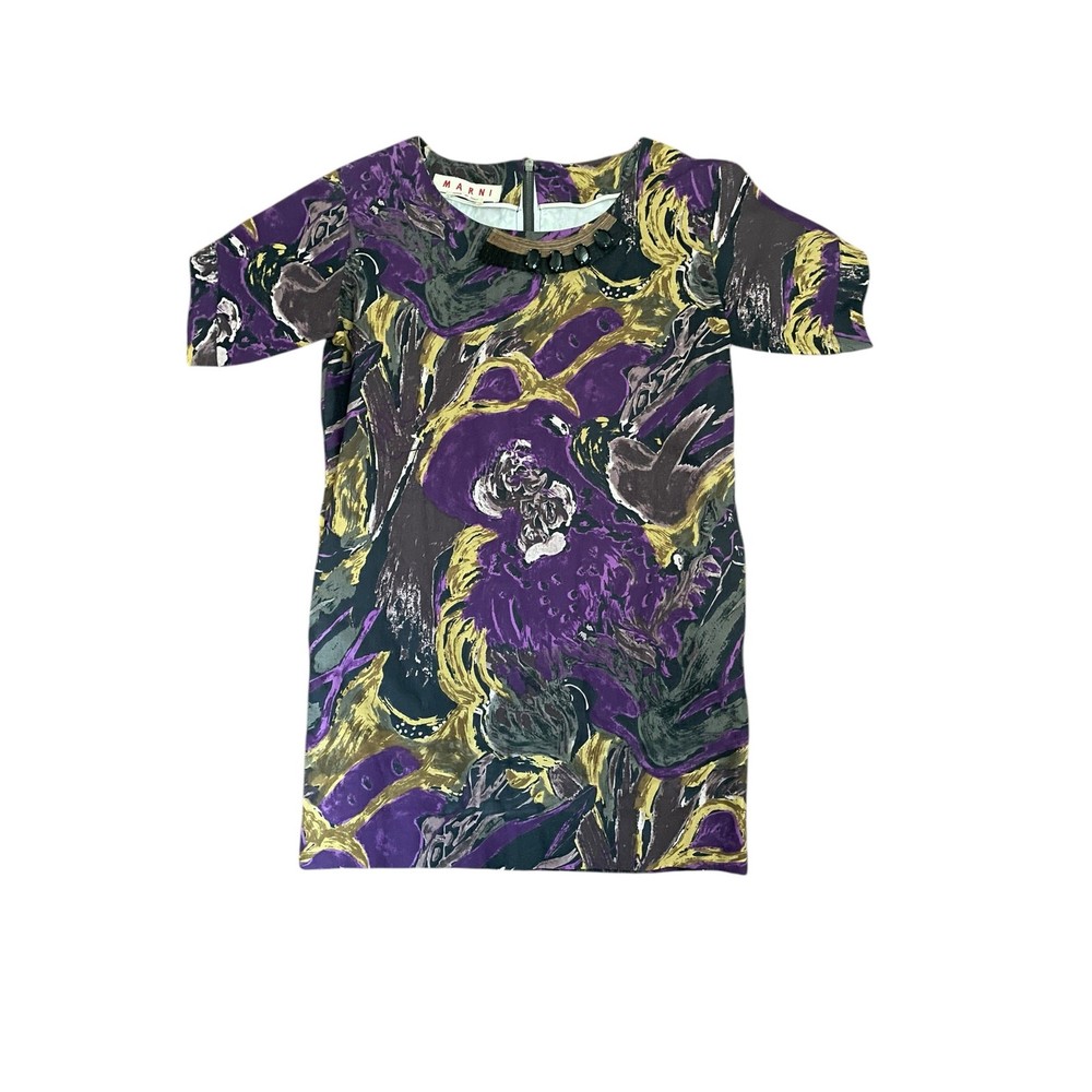 MARNI Made in Italy Purple Abstract Patterned Mini Boxy Dress w Pockets Size 38