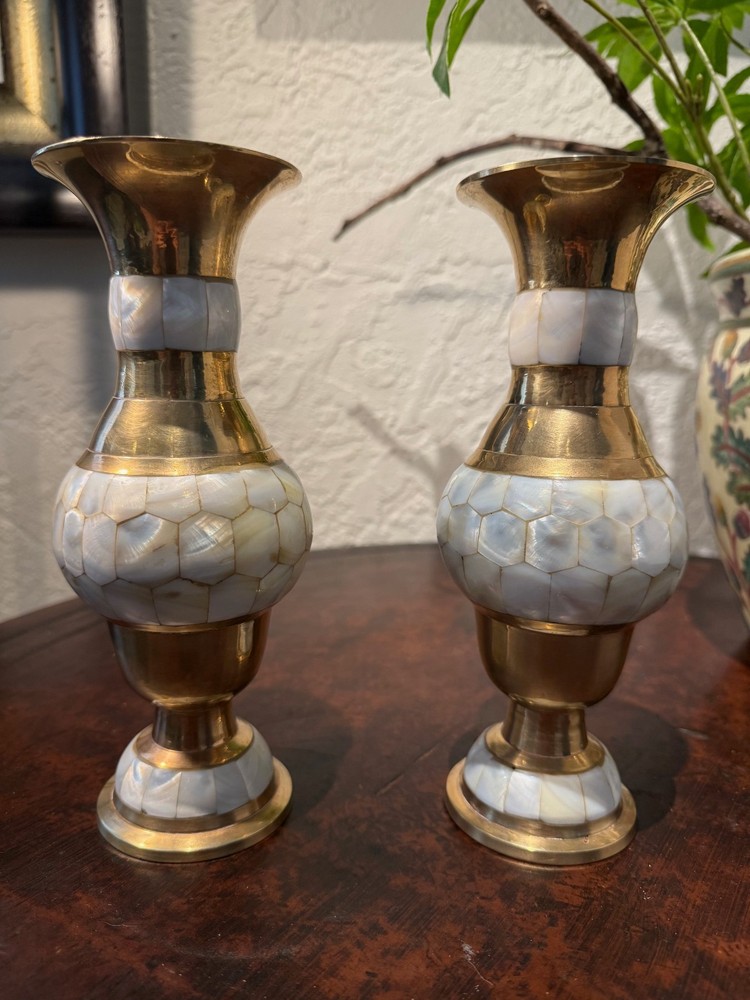 Brass & Mother‑of‑Pearl Inlay Candle Holders – Pair – Handcrafted India