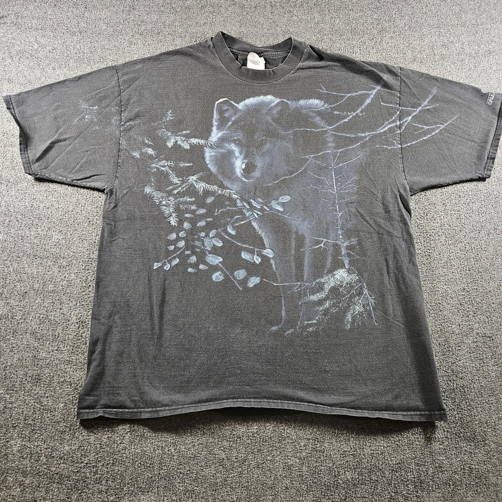 Vintage Hanes Shirt Mens 2XL Gray Wolf Graphic Tee Nature Wildlife Big Print 90s