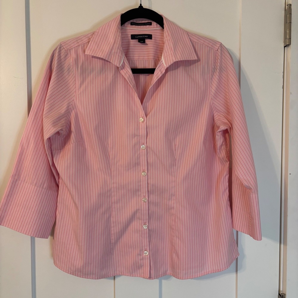 Lands End No Iron Pinpoint Oxford Pink Stripe Button Down Shirt Petite 10P Chic