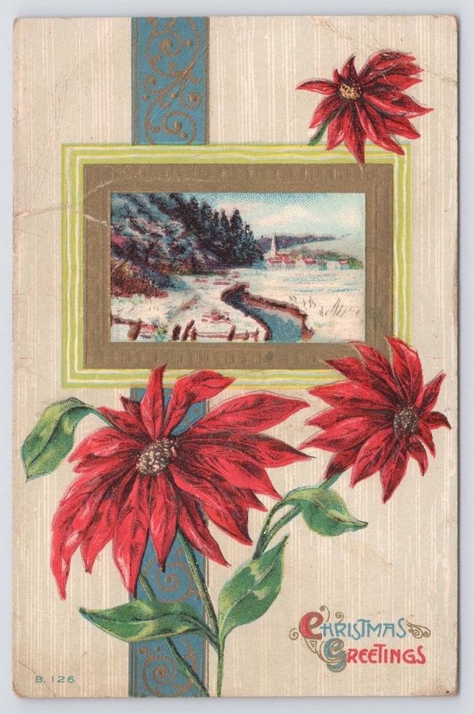 Christmas~Winter Village Scene In Gold Frame~Poinsettias~Emboss~Vintage Postcard