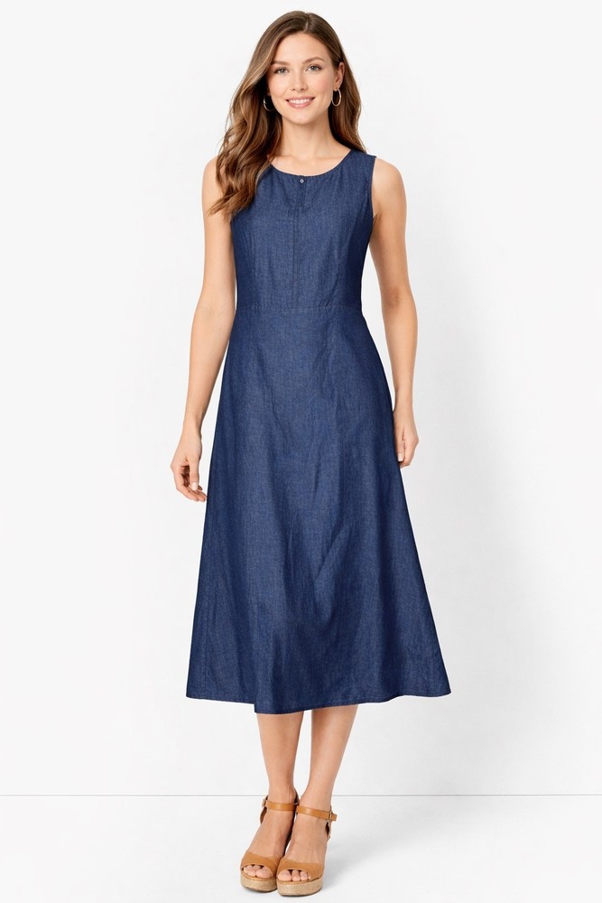 Talbots Petite 6 Chambray Sleeveless Midi Dress Side Zip Button Neck A-Line EUC