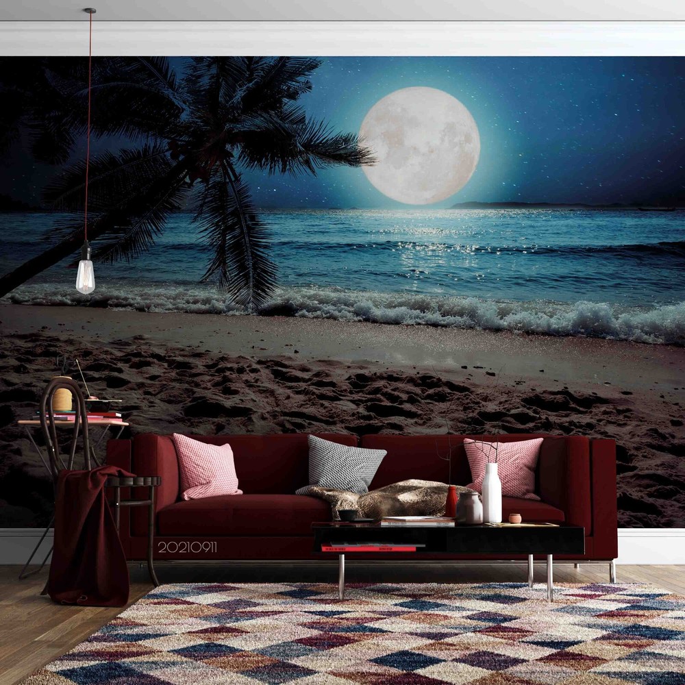 3D Night Sky Moon Beach Coconut Tree Wall Murals Wallpaper Murals Wall Sticker
