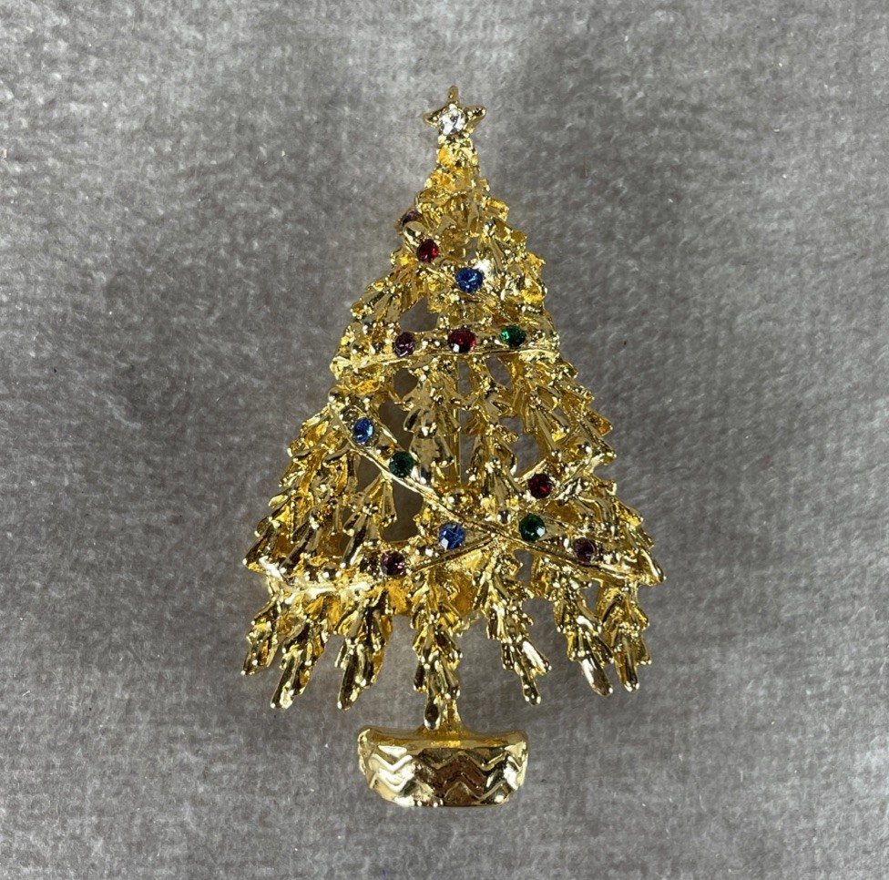 Vintage 2” Gold Tone Christmas Tree Red Green Blue Purple Ornaments Brooch Pin