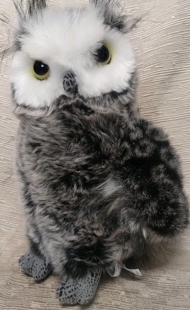 Realistic Aurora Great Horned Owl Plush Toy Yellow Eyes Fluffy Faux Fur Gray 9