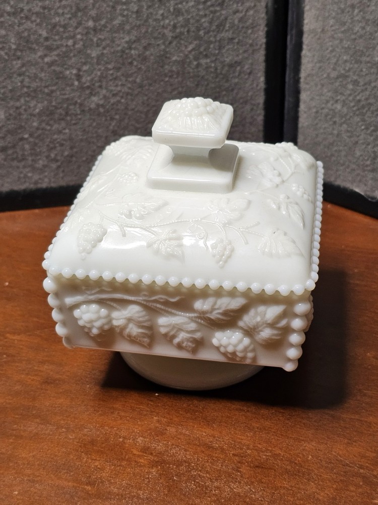 Vintage Westmoreland Milk Glass Pedestal Dish with Paneled Grape Design