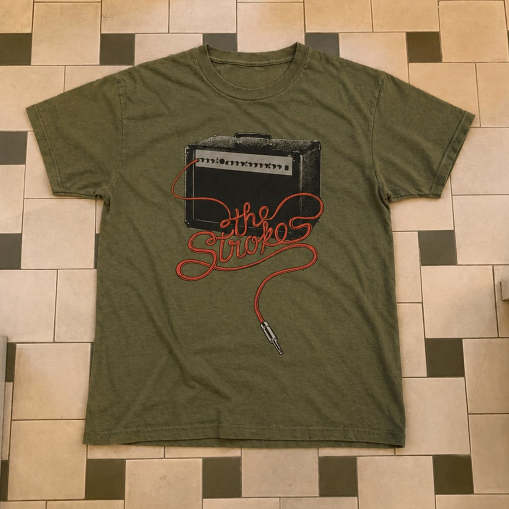 The Strokes Amplifier Red Cable Logo Shirt Military Green Indie Rock