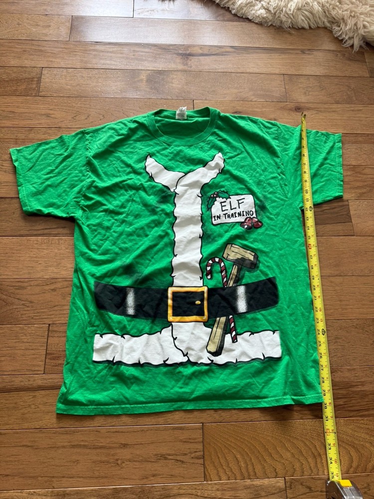 Bright Green Graphic Elf in Training Print Christmas T Shirt Tee Men Size XL