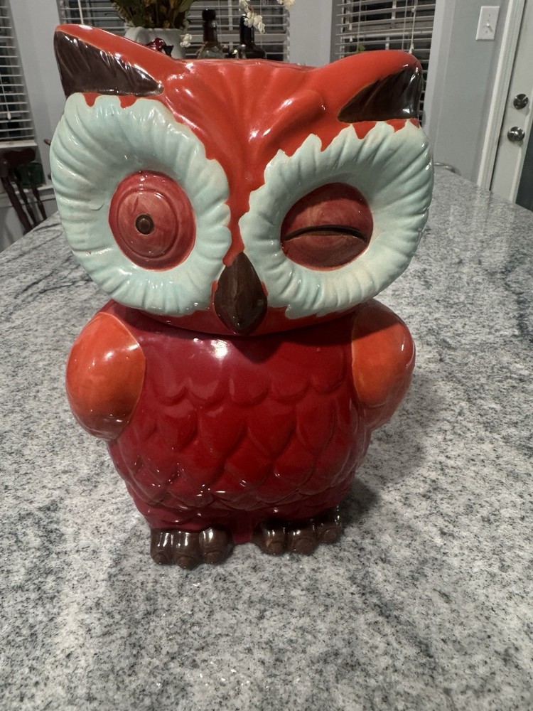 VTG Owl Cookie Jar Winking Ceramic Red/Orange 10.5