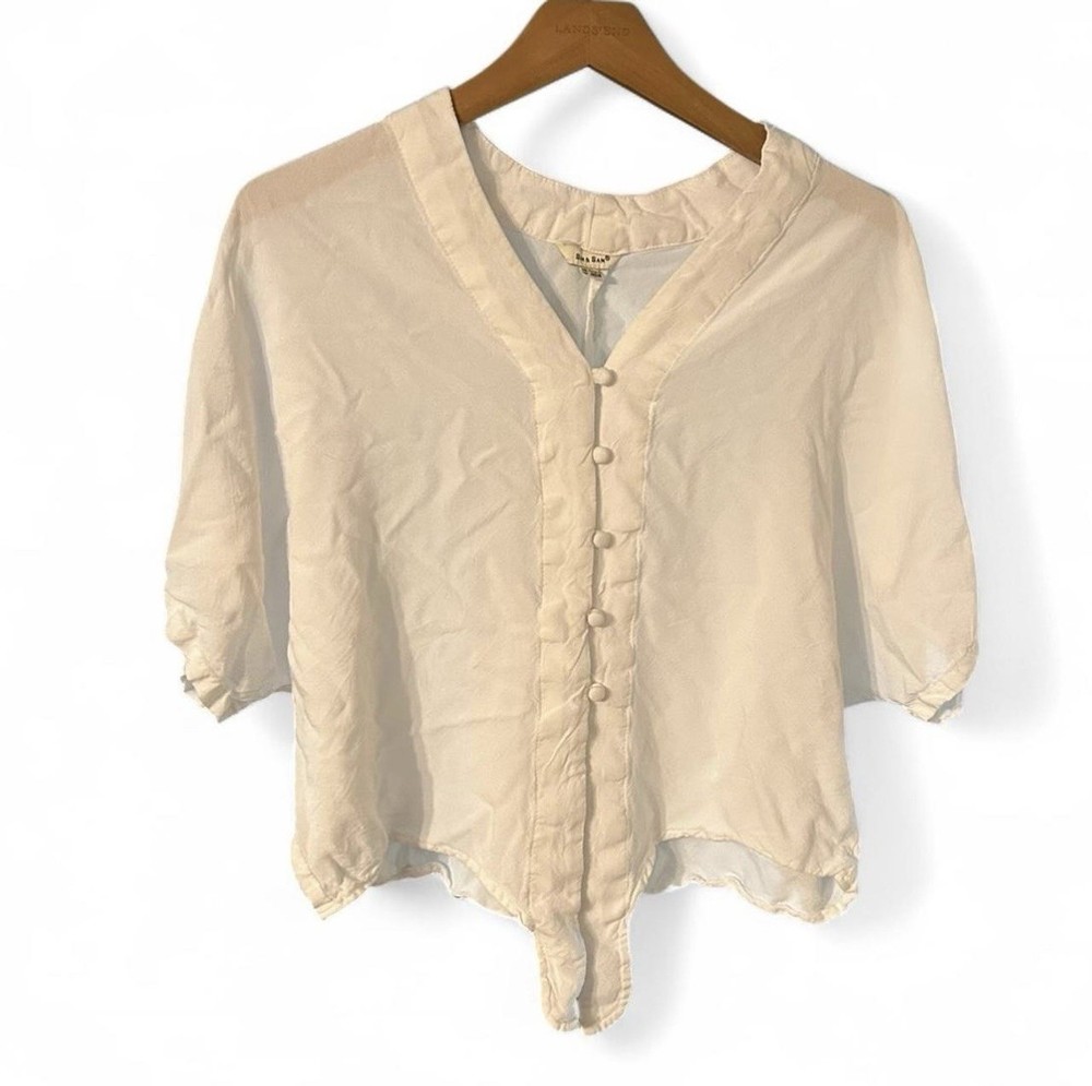 Sim & Sam Women's Sz S Short Sleeve White Tie Knot Button Up V Neck Blouse Top