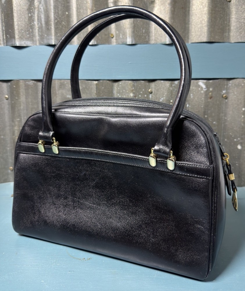 VTG Morris Moskowitz Black Gold Leather Boston Handbag Satchel Old Money Classic