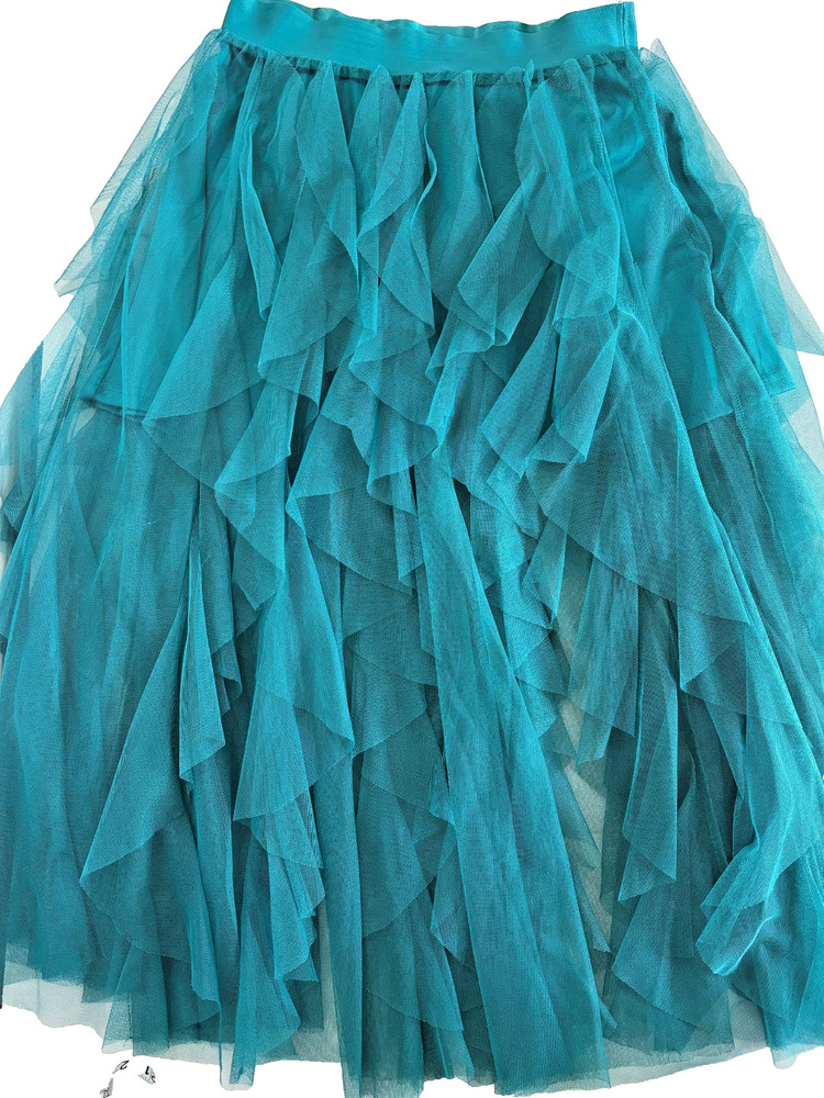 Sincerely Jules Teal Tulle Ruffle Maxi Skirt Tiered Mesh Elastic Waist Large