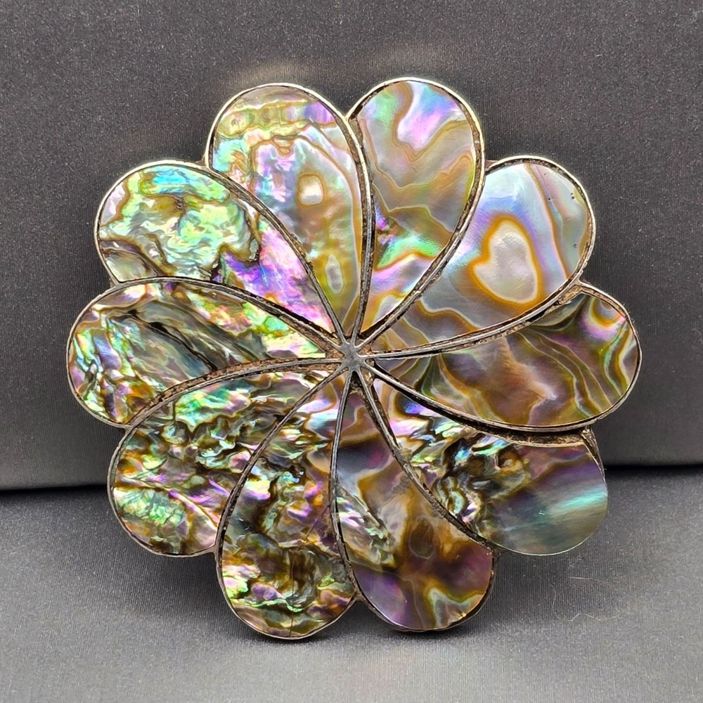 VTG 925 Sterling Silver & Abalone Flower Brooch 1.75