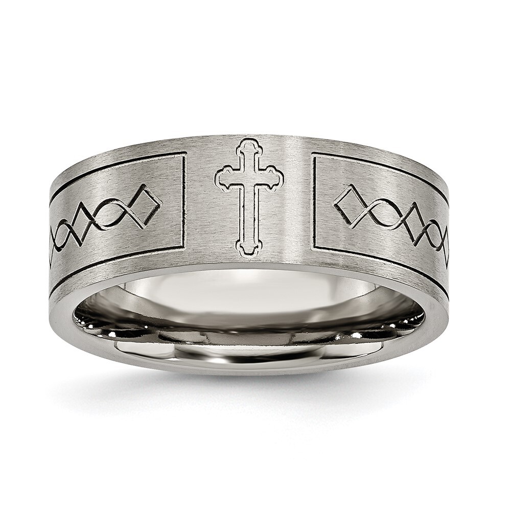 Titanium Brushed Cross Design 8mm Flat Band Ring Size 8 for Men 4.51gm
