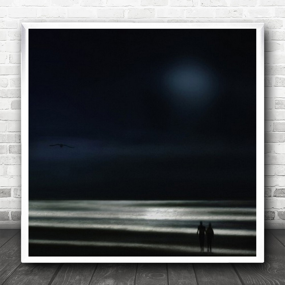 People Sea Sky Moon Bird Waves Coast Ostend Dark Low-Key Romance Square Print