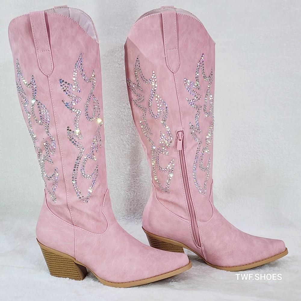 Sparkling Rhinestone Cowgirl Boots in Pink Leatherette Western Style